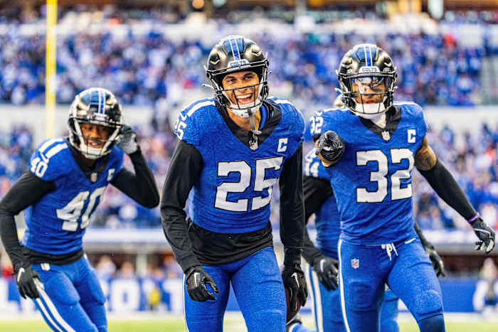 Oct 22, 2023; Indianapolis, Indiana, USA; Indianapolis Colts safety Rodney Thomas II (25) celebrates his interception with teammates in the second half against the Cleveland Browns at Lucas Oil Stadium.